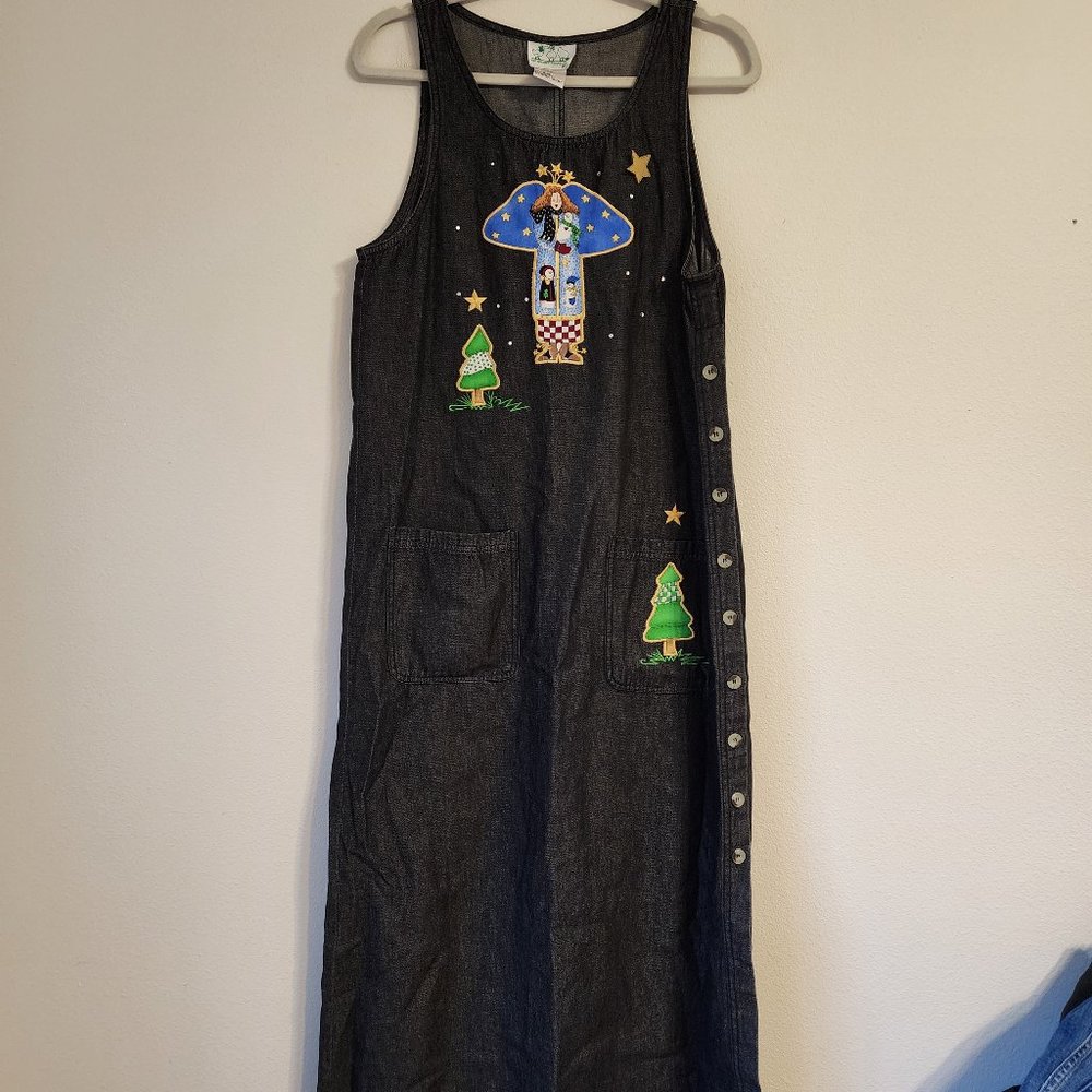 QUACKER FACTORY Women’s Sleeve Maxi Dress, S, Chambray, 100% Cotton, Xmas,Y2K.